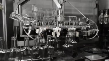 Boş dikdörtgen cam şişeler taşıyıcı bant boyunca hareket eder. Doldurmadan önce şişeleri yıkama işlemi. Fabrikada içecek, su ve limonata için şişeleme hattı. İçecek üretim tesisi.