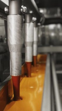 Borulardan sıcak çikolata dökülüyor. Sıvı çikolatalı taşıyıcı. Şekerleme fabrikası. Çikolata fabrikası. Şeker üretimi. Dikey Video.