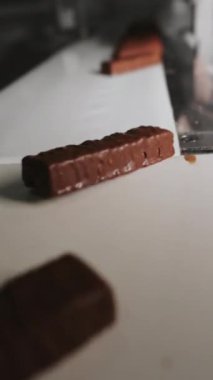 Çikolata fabrikasında taşıma bandı. Şeker üretimi. Çikolata, şekerleme üretim fabrikasındaki konveyör şeridi boyunca ilerler. Dikey video.