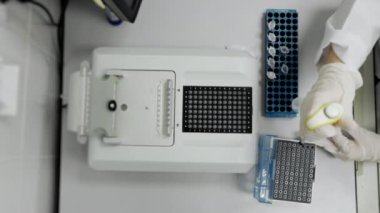 Nükleik asit frekans analizinin saptanması için numuneleri nanodrop içine damlatan otomatik bir pipetin yakın çekimi. Modern bilim laboratuarı. Laboratuvar için araştırma ekipmanları.