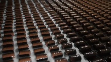 Çikolata fabrikasında taşıma bandı. Şeker üretimi. Çikolata dökülüyor. Çikolata, şekerleme üretim fabrikasındaki konveyör bandı boyunca ilerler.. 