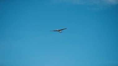 Planör gökyüzünde uçuyor. Uçak mavi gökyüzünde süzülüyor. Bir planör uçağı havaalanına iniyor. Küçük havacılık.