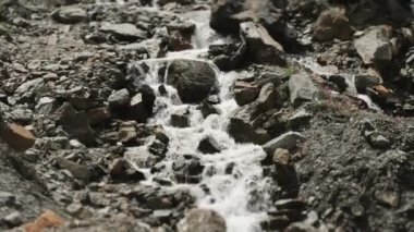 Dağ şelalesinin büyüleyici manzarası. Dağlardaki buzullardan akan bir dağ nehri..