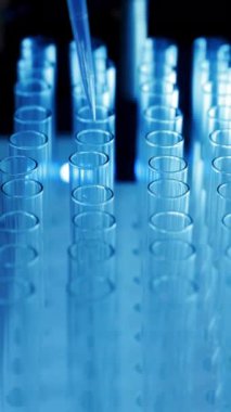 Bir bilim adamı laboratuardaki bir şişeden pipetle örnek alır. Araştırma laboratuarı. Sıvı numunesi üzerinde çalışıyorum. Araştırma ve bilim. Dikey video.