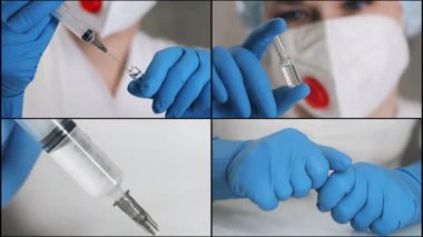 Solunum cihazı ve koruyucu eldivenli kadın bir doktorun çoklu ekran kolajı elinde aşı olan bir ampul tutuyor ve şırınganın içine çekiyor. Doktor ampulü inceliyor..