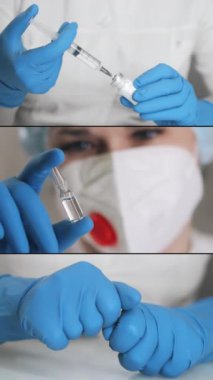 Solunum cihazı ve koruyucu eldivenli kadın bir doktorun çoklu ekran kolajı elinde aşı olan bir ampul tutuyor ve şırınganın içine çekiyor. Doktor ampulü inceliyor. Dikey video.