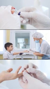 Hemşirenin çoklu ekran kolajı küçük bir çocuğun parmağından kan alıyor. Doktor hastadan analiz için kan alır. Hastanın kan analizi. Dikey video.