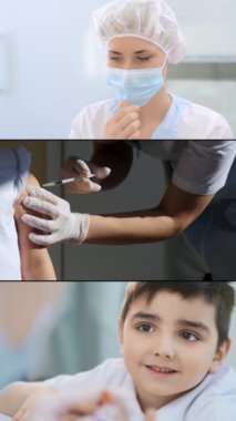 Hemşirenin çoklu ekran kolajı küçük bir çocuğa hastanede omzundan iğne yapıyor. Bir doktor ve hastanın yakın plan portresi. Hastamızın aşısı. Dikey video.