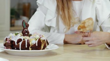 Beyaz elbiseli genç bir kadın dikkatle yeni doğmuş bir Paskalya yavrusunu sepetten çıkarır ve okşar. Sepetteki Paskalya pilici. Mutlu Paskalyalar. Çocukluk ve Doğu kavramı. 