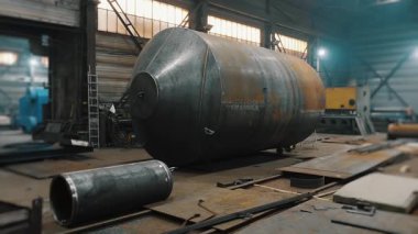 Endüstriyel kazan fabrikasındaki büyük silindirik metal yapı. Modern kazan ekipmanı fabrikası. Endüstriyel sektör için büyük ölçekli meclis.