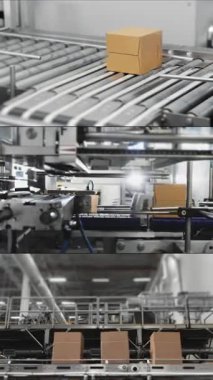 Modern fabrikadaki otomatik üretim konveyör hattının çoklu ekran kolajı. Karton kutular üretim konveyör hattında taşınıyor. Makine mekanizması. Dikey video.