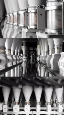 Otomatik buğday öğütücüsünden çoklu ekran kolajı. Tahıl işleme ve un üretimi için modern fabrika kompleksi. Değirmen fabrikası. Pişirmek için un üretimi. Dikey video.