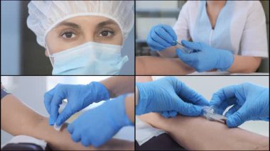 Çoklu Ekran Kolajı bir hemşire damardan kan alır. Doktor hastadan analiz için kan alır. Hastanın kan analizi..