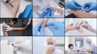 Tıbbi laboratuvar kan testi çoklu ekran kolajı. Doktor hastadan analiz için kan alır. Hastanın kan analizi.. 