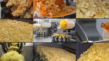 Patates cipslerinden oluşan çoklu ekran kolajı fabrikada endüstriyel taşıma bandında son buluyor. Kızarmış cips yığını fabrikadaki bir konteynırda son buluyor. Chips Fabrikası. 