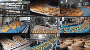Endüstriyel gıda fabrikası ya da fırın çoklu ekran kolajı, otomatikleştirilmiş üretim bandı veya konveyör bandı, şekerleme fabrikası veya fırın kurabiyeleri. 