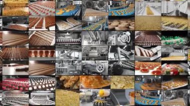 Bir şekerleme fabrikasında farklı ürünlerin çoklu ekran üretim taşıyıcısı. Modern fabrika şeker, cips, kurabiye ve makarna üretiyor. Gıda endüstrisi.