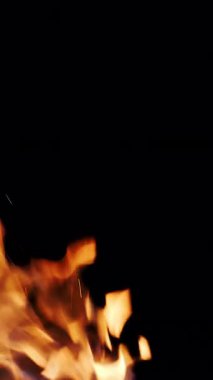 Siyah arka planda alevlerin dillerini yavaş çekimde yakmak. Kamp ateşinden yanan ateş. Alev alev yanan bir alev. Dikey video.