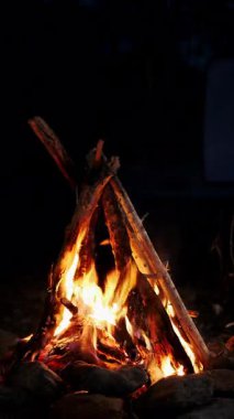 Siyah arka planda alevlerin dillerini yavaş çekimde yakmak. Kamp ateşinden yanan ateş. Alev alev yanan bir alev. Dikey video.
