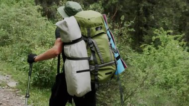 Omuzlarında sırt çantası olan genç bir erkek turist, orman yolu boyunca dağın tepesine tırmanır..