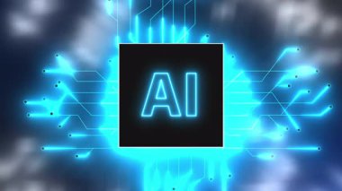 Yapay Zeka kavramı. İşlemcinin içine yapay zeka yerleştirilmiş ana kart. Büyük veri işleme, ai makine öğrenme. 