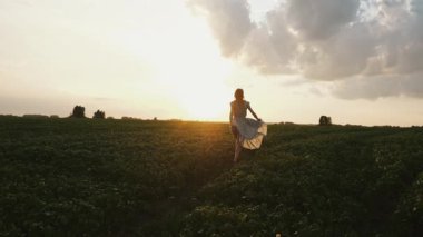Elbiseli güzel sarışın bir kızın silueti batan güneşin altında yeşil bir tarlada koşuyor ve sıcak bir yaz akşamının tadını çıkarıyor. Elbise farklı yönlerde çırpınıyor..