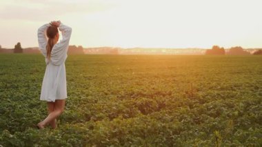 Beyaz elbiseli güzel sarışın kız gün batımında yeşil bir tarlada yürüyor ellerini kaldırıyor ve sıcak bir yaz akşamının tadını çıkarıyor..