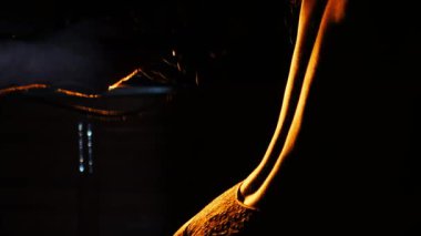 Deri bir kırbaçla vurulan bir kızın arka silueti. Erkek ellerinde BDSM kırbacı. Karanlık bir odada kırbaç darbeleri..