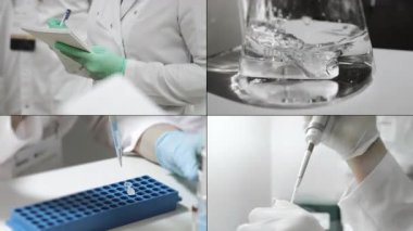 Genetik laboratuvarı araştırmacılarının çoklu ekran kolajı. Modern bir laboratuvarda DNA üzerinde çalışma kavramı. Bilim ve tıp. Genetik Çalışmalar İçin Laboratuar Deneyleri.