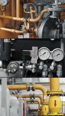 Sarı borular ve doğal gaz istasyonunda bağlantı. Gaz dağıtım istasyonu. Kazan dairesindeki gaz boruları. Benzin ve yakıt dağıtım istasyonu. Dikey video.