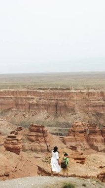 Sırt çantalı küçük bir çocuk olan anne, bir uçurumun kenarında el ele tutuşarak yürüyor ve ulusal parktaki kanyonun güzel manzarasının tadını çıkarıyor. Dikey video.