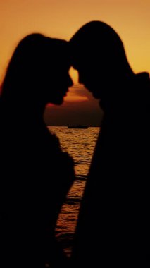 A silhouette of two people in love, a man and a woman, standing on the shore of a tropical island, enjoying each other. A family vacation on a tropical beach. Vertical video.