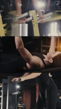 A young girl in sportswear is training in the gym on. Arm training with dumbbells. The girl goes in for sports. Vertical video.
