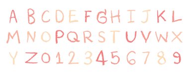 A 'dan Z' ye İngiliz alfabesi, 0 'dan 9' a kadar, beyaz arka planda 27 sevimli, vektör illüstrasyonu.