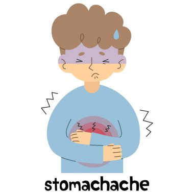 Beyaz arkaplanda mide ağrısı 1 şirin, vektör illüstrasyonu.
