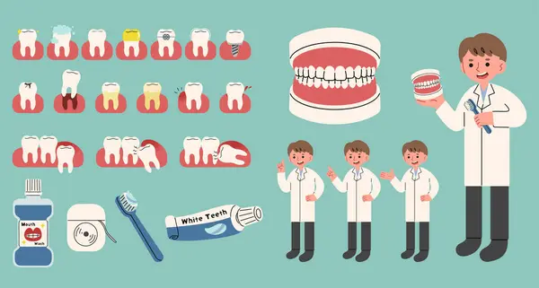 Dental Collection Cute Blue Green Background Vector Illustration — Vettoriale Stock