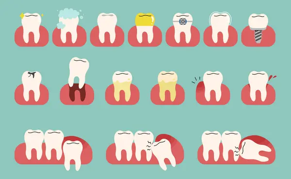 Teeth Collection Cute Blue Green Background Vector Illustration — Vettoriale Stock
