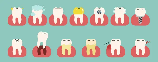 Teeth Collection Cute Blue Green Background Vector Illustration — ストックベクタ