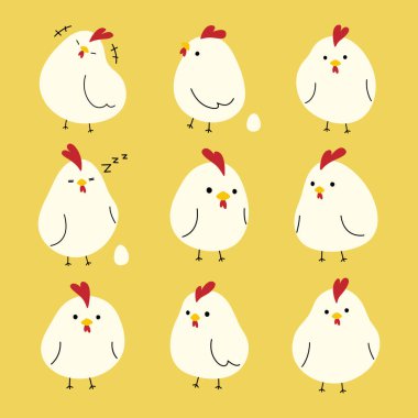 Beyaz Tavuk 2 sarı arka planda sevimli, vektör illüstrasyonu.