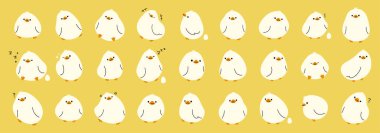 Beyaz ördek koleksiyonu. Sarı arka planda sevimli, vektör illüstrasyonu..