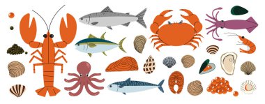 Beyaz arkaplanda deniz ürünleri koleksiyonu 1 şirin, vektör illüstrasyonu.