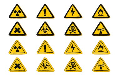 Beyaz arkaplan, vektör illüstrasyonunda Üçgen Tehlike İşaretleri Koleksiyonu.