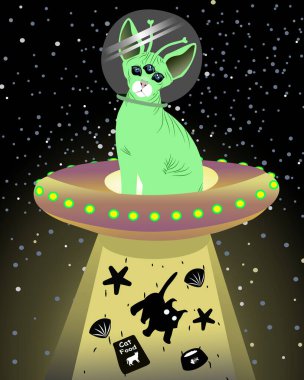 Uzayda UFO kullanan sevimli, yeşil bir uzaylı kedi Dünya 'dan yiyecek getiriyor.