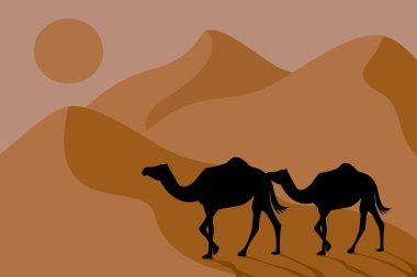 Kum tepelerine ve güneş resimlerine karşı çöl develeri silueti