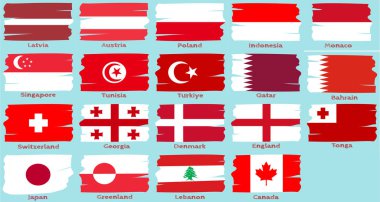 Fırça stili 19 Kırmızı ve Beyaz Ülke Bayrakları, Eğitim ve Grafik Tasarım Projeleri için Vektör Set İllüstrasyonu