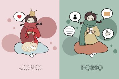 FOMO ve JOMO Ruh Hali İllüstrasyonu Telefonlu Sinirli Kadın Kedi Duygusal Durumu, Dijital Detox, Ruh Sağlığı Konsepti ile Sakin Kadın Davası