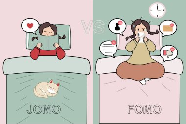FOMO vs JOMO Yatak Odası Sahnesi Kadın Sosyal Medya Karşısında Kitap ve Kedi Farkındalık ve Dijital Detox Konseptine Karşı