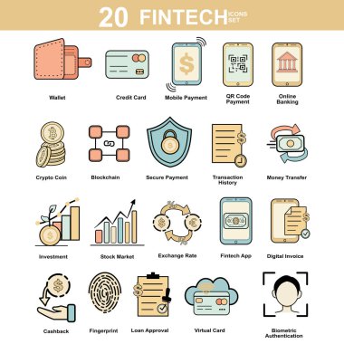 20 Parçalık Fintech Simgesi Cüzdan, Kripto, Sayısal Finans Uygulamaları için Pastel Renkleri içinde QR Kod & Biyometrik UI Simgeleri