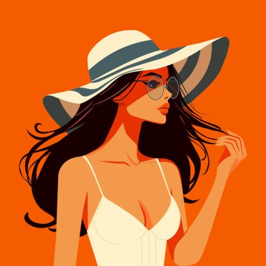 Moda stili illüstrasyon esmer kız beyaz bluzlu tatilde.  