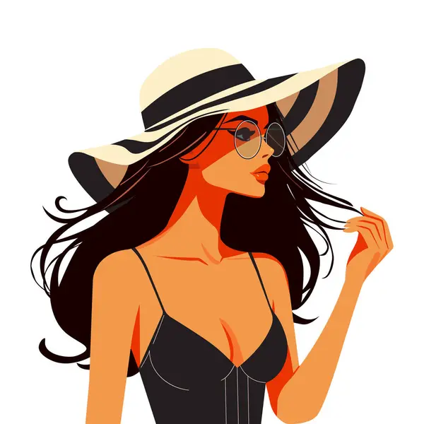 Moda tarzı illüstrasyon esmer kız siyah üstüyle tatilde beyaz arka planda izole edilmiş. 
